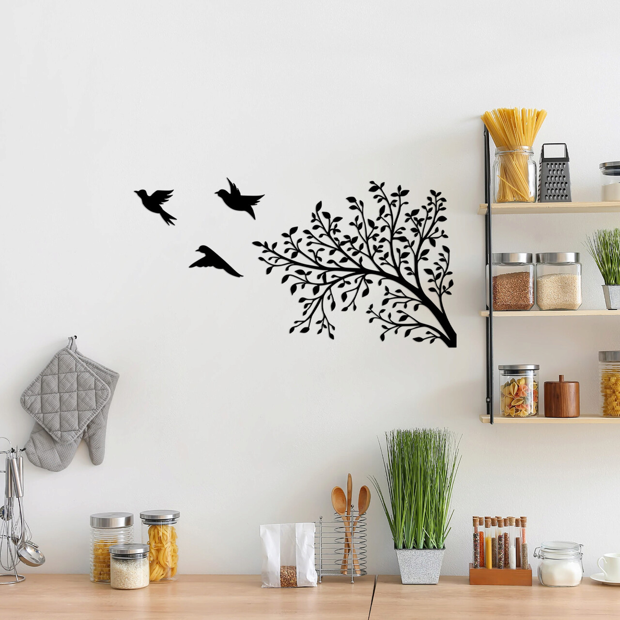 Decoratiune de perete, Birds From The Branch, Dimensiune: 37 x 70 cm, Negru - imagine 6